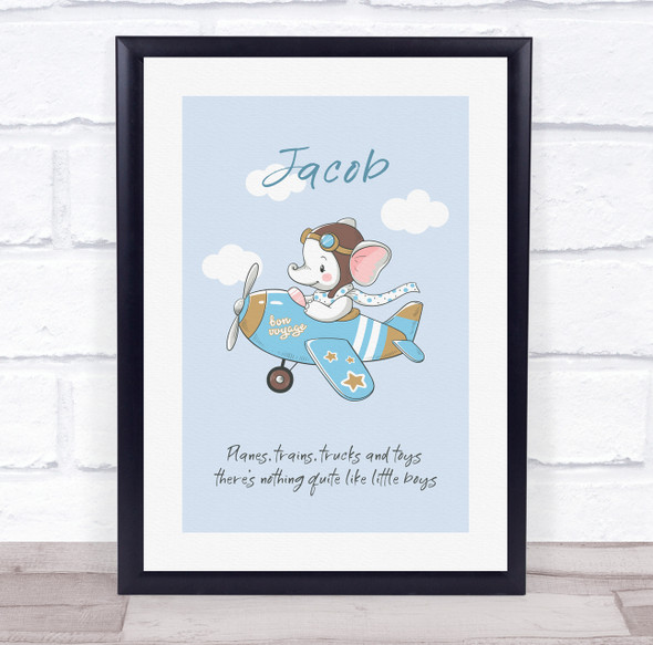 Baby Elephant Flying A Plane Personalised Children's Wall Art Print
