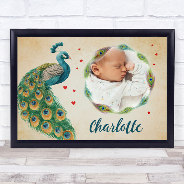Vintage Peacock Photo Name Hearts Personalised Children's Wall Art Print