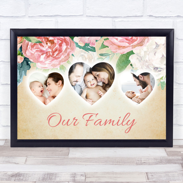 Our Family Photo Hearts X3 Vintage Floral Personalized Gift Art Print