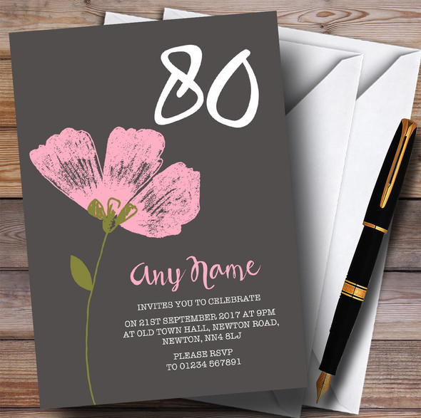 Pink Watercolour Flower 80th Personalized Birthday Party Invitations