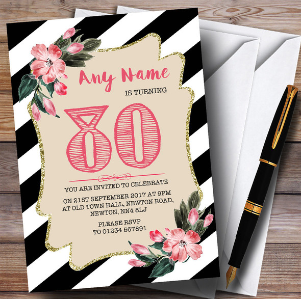 Black & White Striped Pink Flower 80th Personalized Birthday Party Invitations