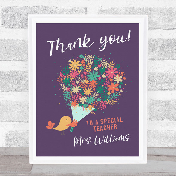 Bird With Bouquet Of Flowers Teacher Name Thank You Personalized Gift Print