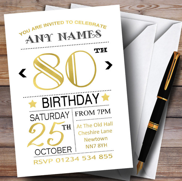 White Black & Gold 80th Personalized Birthday Party Invitations