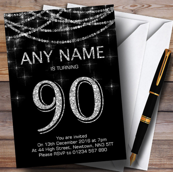 Black & Silver Sparkly Garland 90th Personalized Birthday Party Invitations