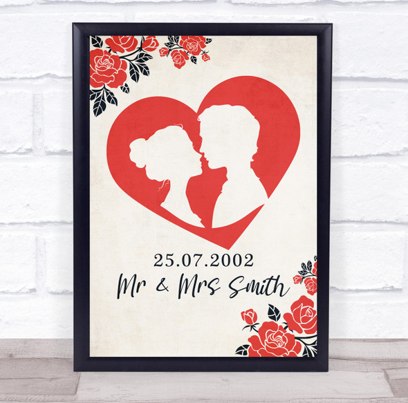Red Silhouette Of Loving Couple Anniversary Date Personalized Gift Print