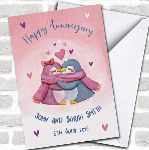 Happy Anniversary Cute Penguins Love Hearts Pink Names Date Personalized Card