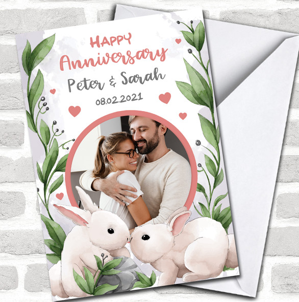 Happy Anniversary White Rabbits Cute Love Photo Names Date Personalized Card