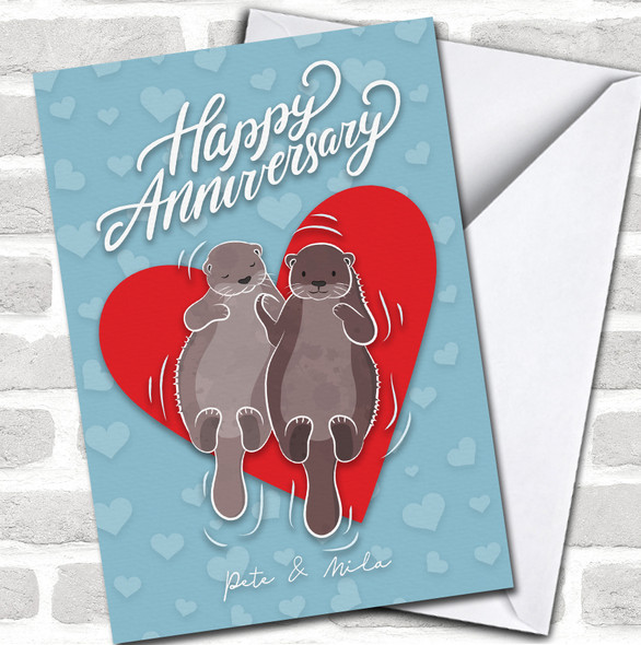 Red Heart Couple Otter Happy Anniversary Names Personalized Card