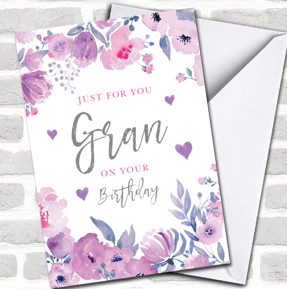 Grandma Birthday Just For You Flowers Pink Purple Floral Frame Personalized Card