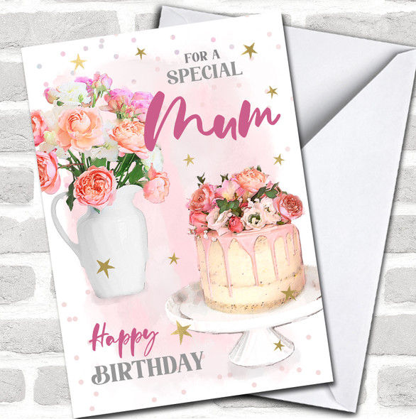 Special Mum Birthday Pretty Cake Flowers Gift Painted Delicate Personalized Card