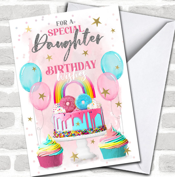 Daughter Birthday Rainbow Cake Party Pink Blue Balloons Personalized Card