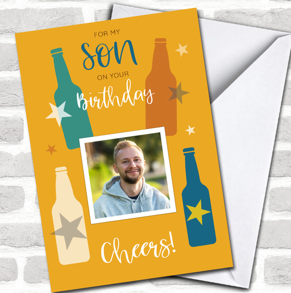 Son Birthday Cheers Beer Bottles Photo Orange Personalized Card