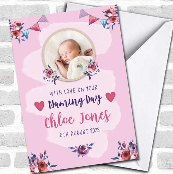 With Love Your Naming Day Pink Purple Flowers Baby Girl Photo Personalized Card
