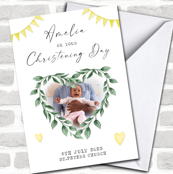 Christening Day Heart Wreath Leaves Floral Yellow Photo Personalized Card