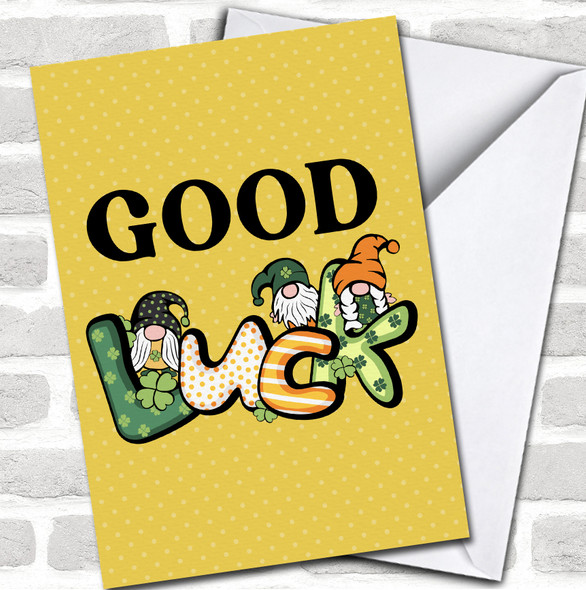 Funny Irish Gnomes Yellow Polka Dot Four Leaf Clover Good Luck Personalized Card