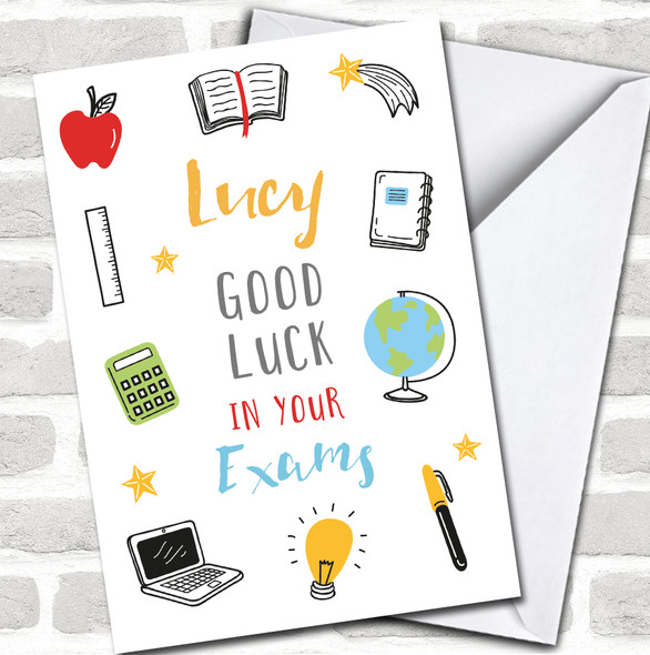 Good Luck in Your Exams School Items Bright Name School Leaver Personalized Card