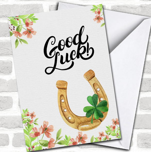 Watercolour Gold Horseshoe Four Leaf Clover Good Luck Personalized Card