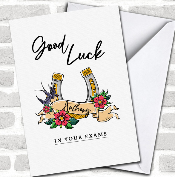 Tattoo Style Gold Horseshoe Name Good Luck Exams Personalized Card