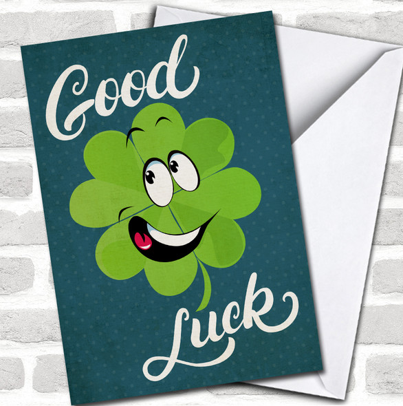 Four Leaf Clover Cartoon Green Blue Good Luck Personalized Card