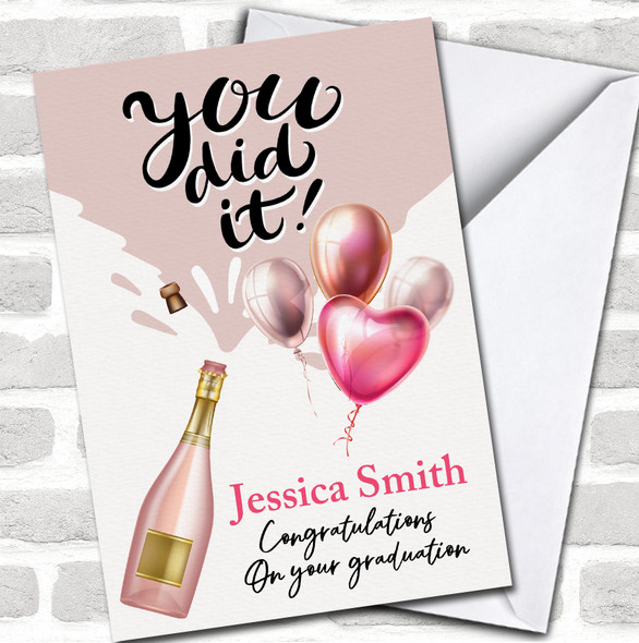 Graduation Rose Gold Pink Balloons You Did It Congratulations Personalized Card