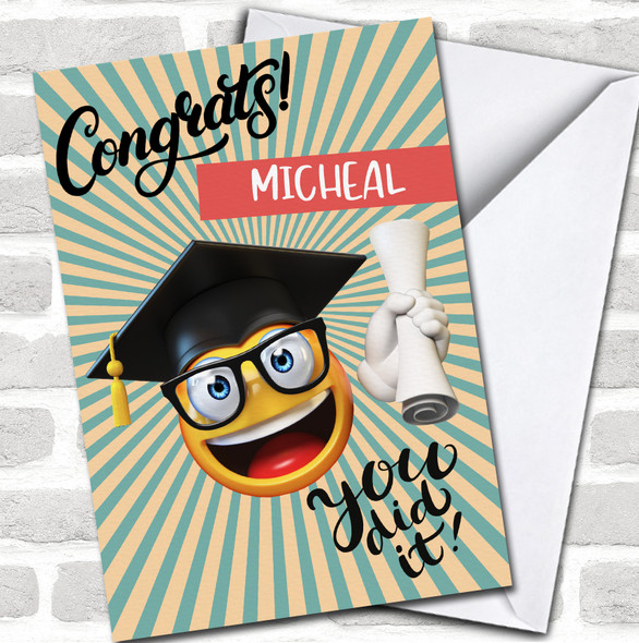 Emoji Glasses Graduation Hat Stripes Name Congratulations Personalized Card