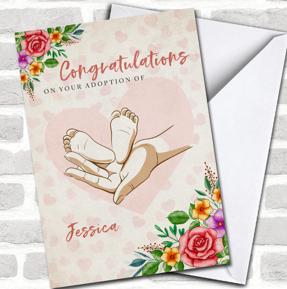 Floral Baby Feet In Hands Adoption New Child Congratulations Personalized Card