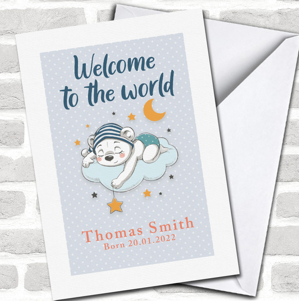 Blue Cute Bear Sleeping New Baby Newborn Welcome Birth Date Personalized Card