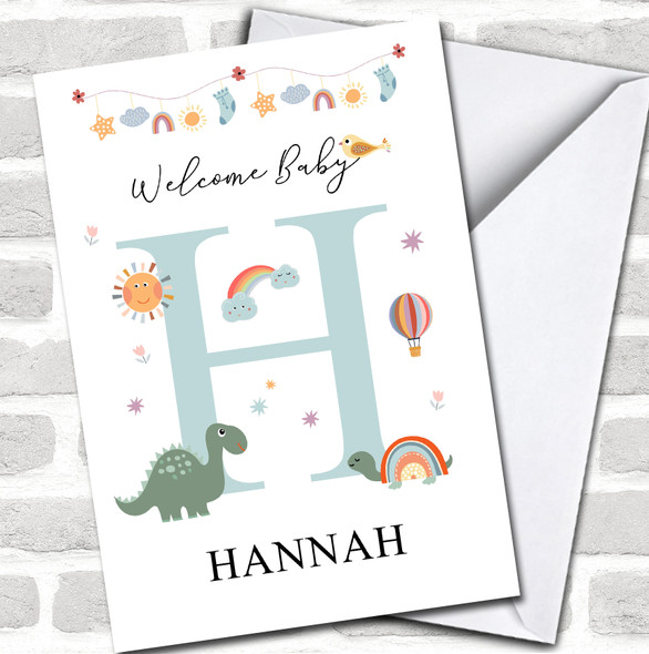 Welcome New Baby Newborn Floral Fun Name & Letter Initial H Personalized Card