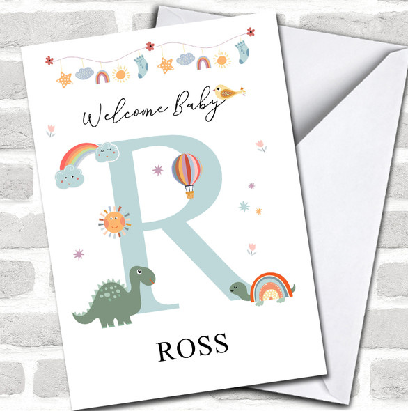 Welcome New Baby Newborn Floral Fun Name & Letter Initial R Personalized Card