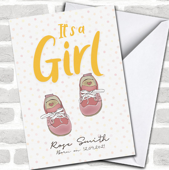 Pink Baby Shoes White Yellow A Girl Name New Baby Pregnant Personalized Card