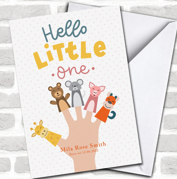 Animals Hand Puppets New Baby Newborn Birthday Hello Personalized Card