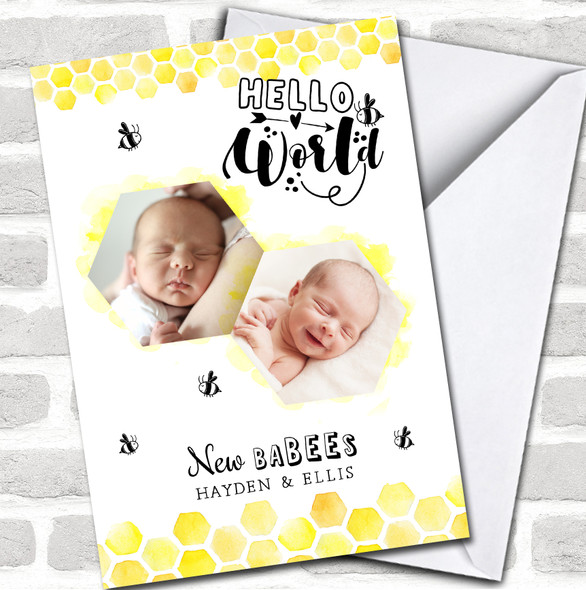 New Babies Newborn Twin Honeycomb Hello World Photo Personalized Card