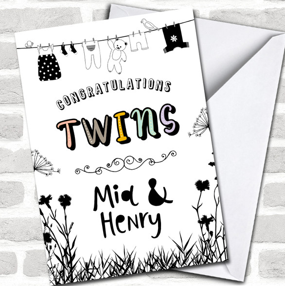 New Baby Newborn Congratulations Twins Washing Line Personalized Card