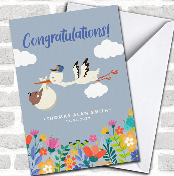 Blue Cute Stork Dark Skin New Baby Name Birth Date Personalized Card