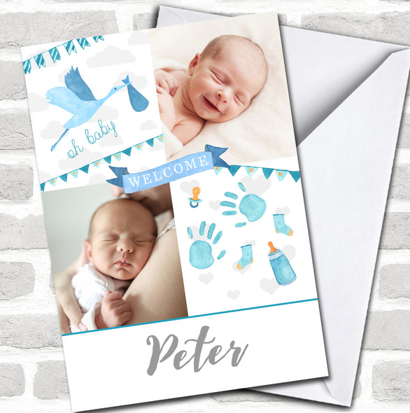 Baby Boy 2 Photos Welcome New Baby Newborn Name Personalized Card