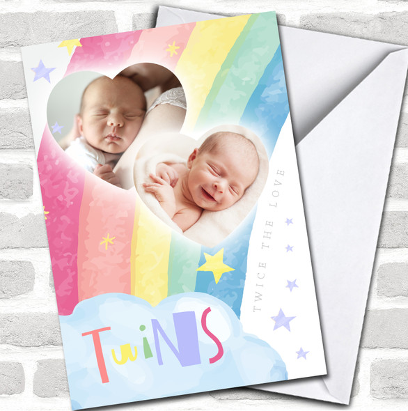 Rainbow Heart New Baby Twins Photo Personalized Card