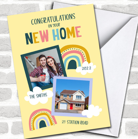 Congratulations New Home Rainbow Yellow Photo Moved In Personalized Card