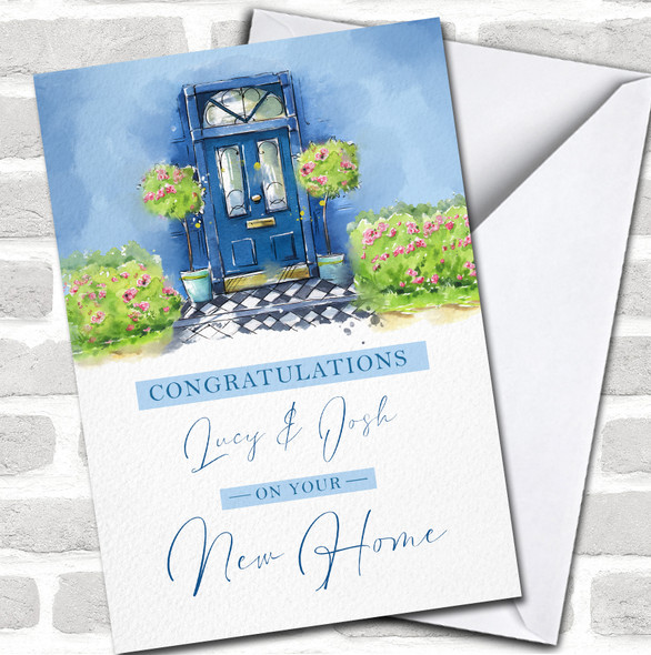 New Home Congratulations Front Painted Blue Door Names Personalized Card