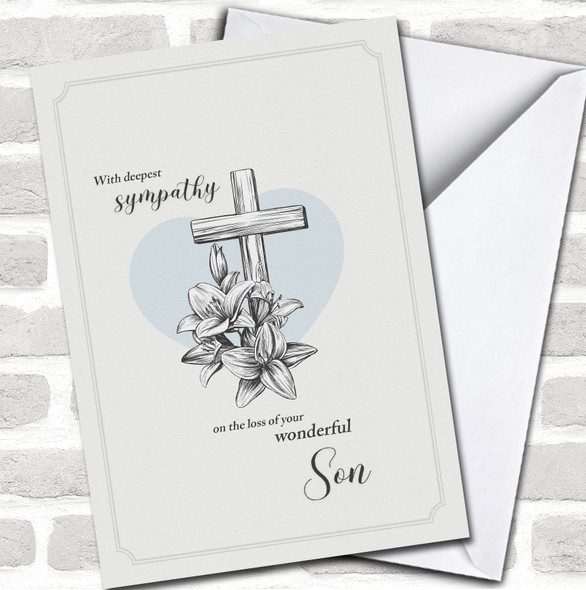 Blue Heart Cross With Lilies Sympathy Loss Son Personalized Card