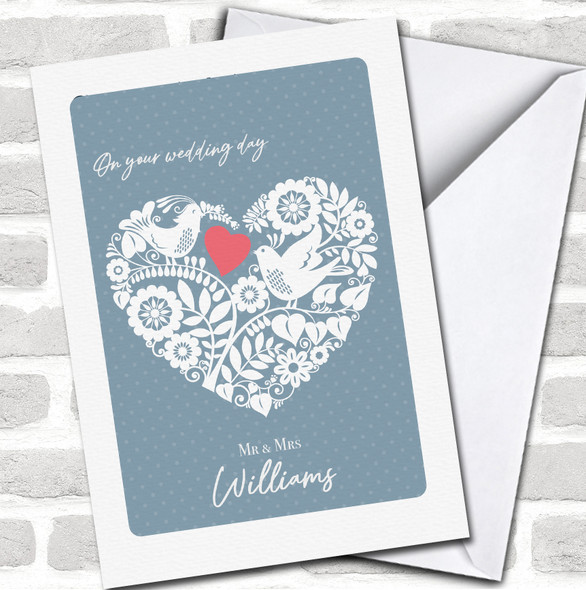 Blue Polka Love Birds Dot Heart Lace On Your Wedding Day Names Personalized Card