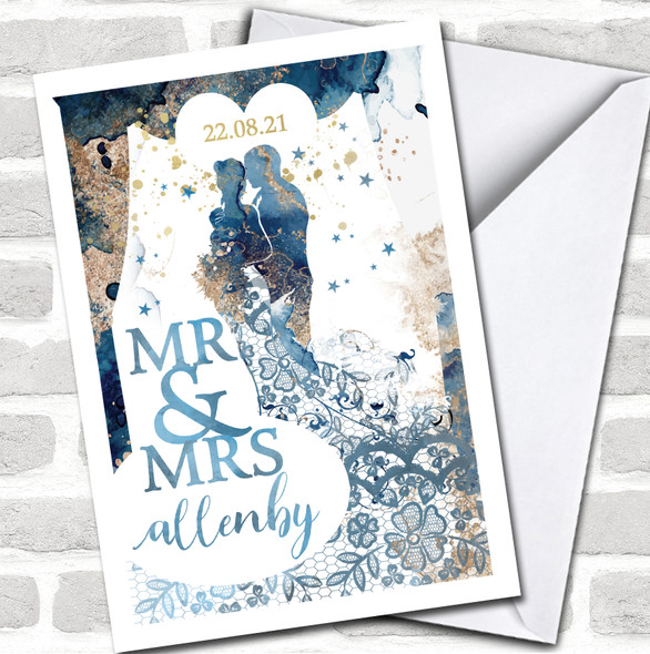 Theatrical Wedding Day Name & Date Gatsby Blue Golden Mr & Mrs Personalized Card
