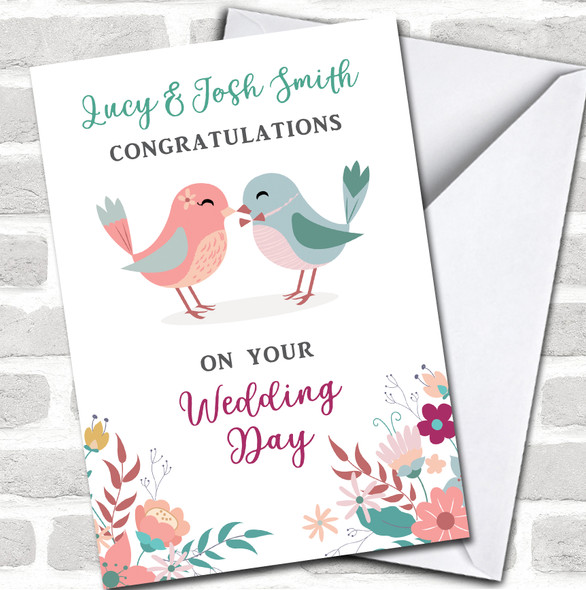 Congratulations Wedding Day Names Love Birds Pink Blue Floral Personalized Card