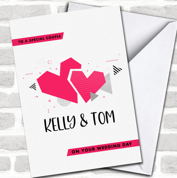 Modern Geometric Pink Hearts Special Couple Wedding Day Names Personalized Card