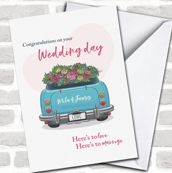Wedding Day Congratulations Blue Car Love Marriage Names Personalized Card