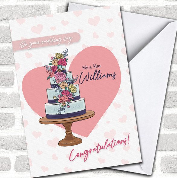 Wedding Day Cake With Flowers Congratulations Personalized Card