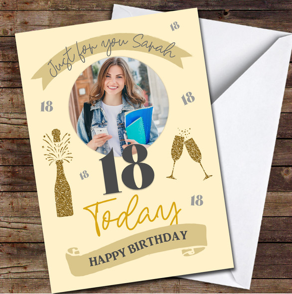 18 Today 18th Girl Gold Champagne Flutes Banner Photo Personalized Birthday Card