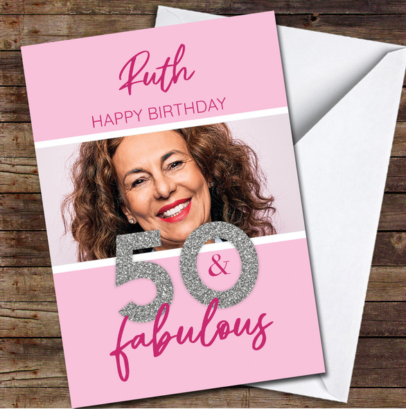 50th Birthday Pink Silver Glitter Photo 50 & Fabulous Personalized Birthday Card