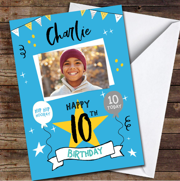10th Birthday Boy Party Blue Photo Personalized Birthday Card