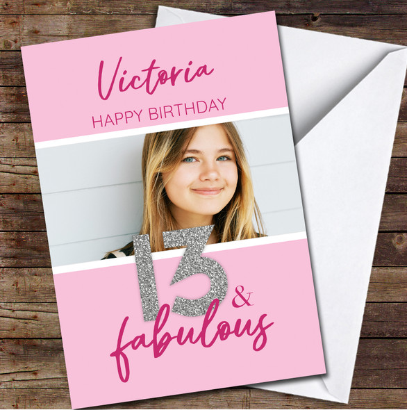 13th Birthday Pink Silver Glitter Female Photo Personalized Birthday Card