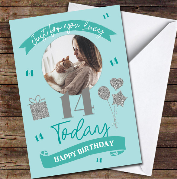 14th Today Girl Turquoise Gift Balloons Banner Photo Personalized Birthday Card